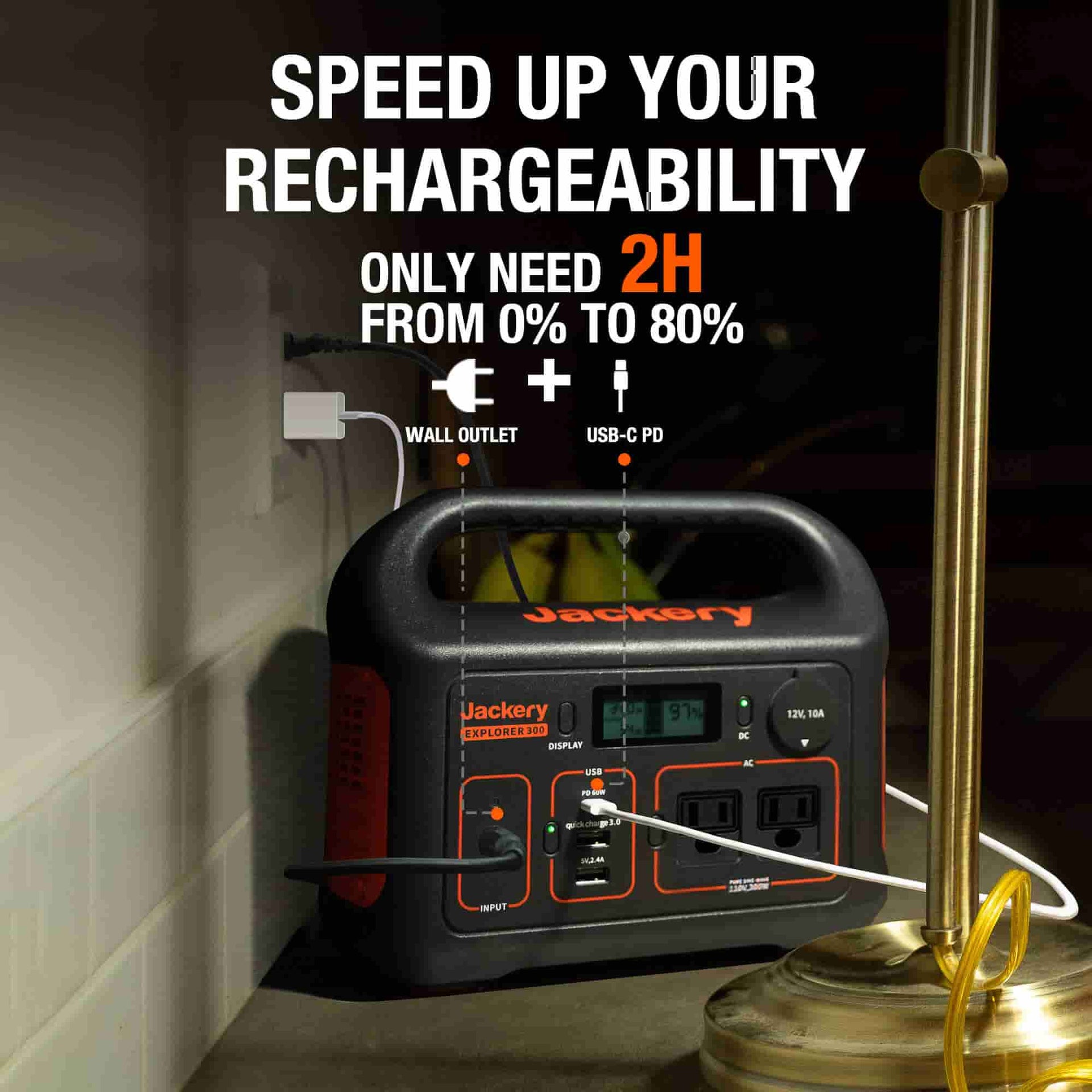 Jackery explorer 300 power station features with 60w PD Input/output (I/O) bidirectional.