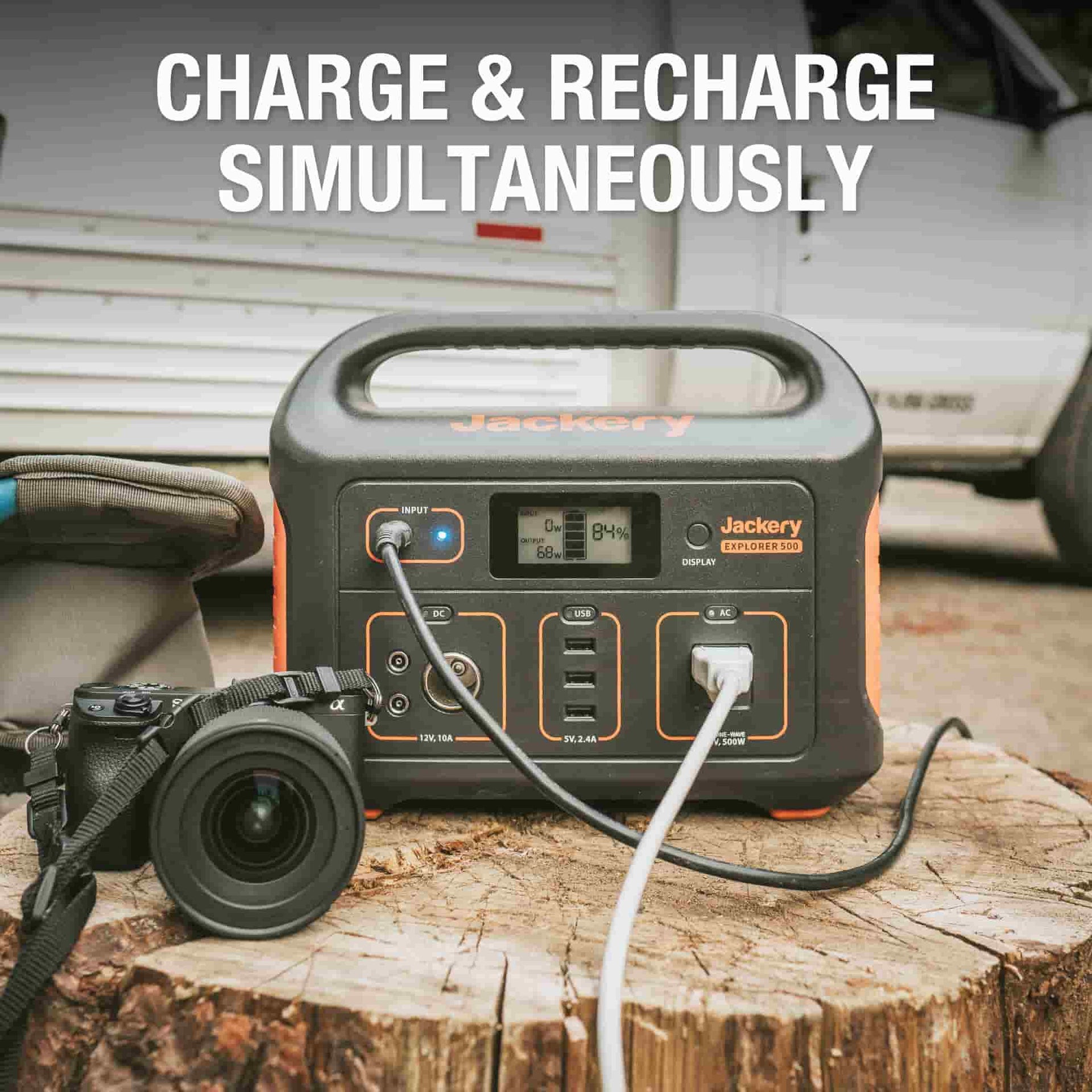 Jackery Explorer 500 power station can be charge & recharge at the same time.