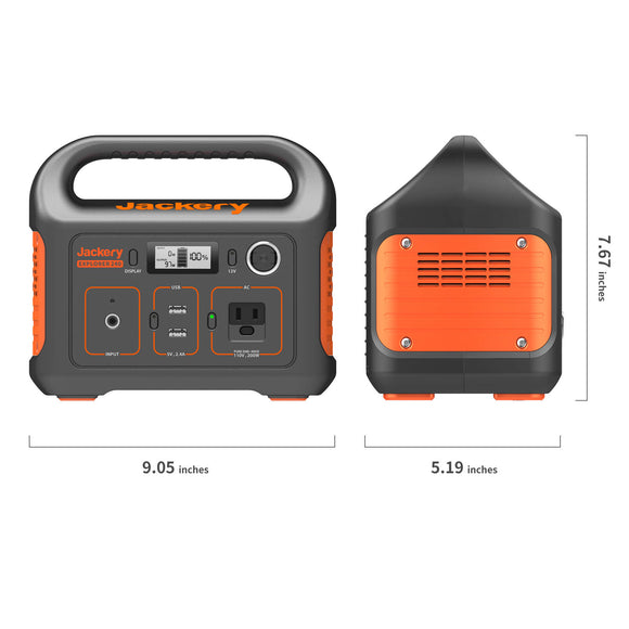 Jackery Explorer 240 is 9.05 inches long, 5.19 inches wide and 7.67 inches high.