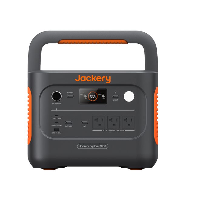 Jackery Explorer 1000 v2 front panel with three North American AC outlets